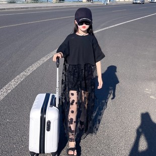 女童短袖T恤拼接蕾丝网纱连衣裙2024夏季新款女孩叠穿屁帘t恤裙潮