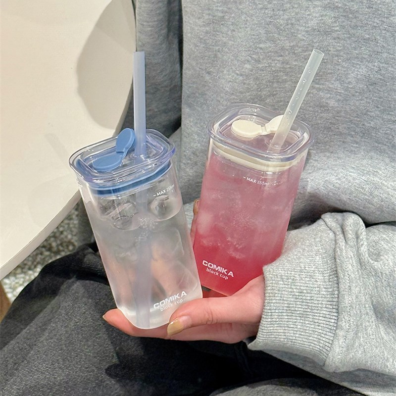 Comika方形杯高硼硅玻璃吸管杯小容量便携式果汁饮料杯耐高温水杯