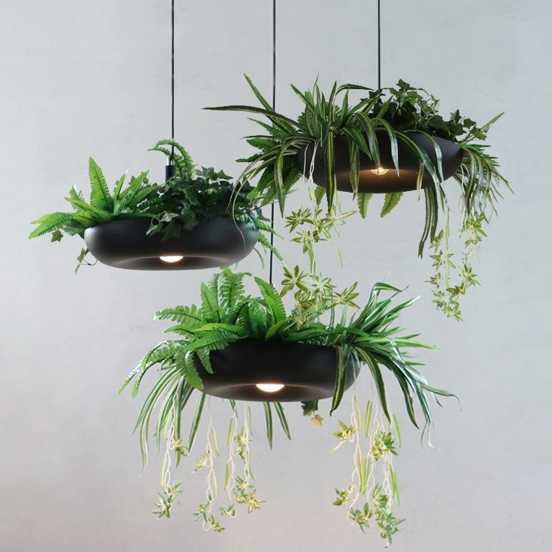 复古黑色盆栽吊灯绿植创意酒馆火锅店装饰灯具配植物艺术工业风灯