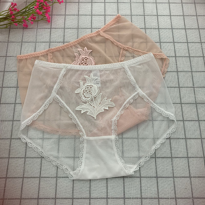 2条中高腰内裤女大码蕾丝性感胖M绣花超薄款夏季天网纱透明三角裤