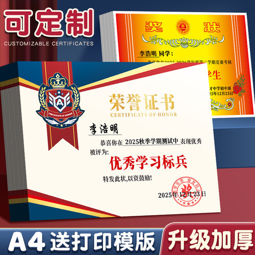 【可定制/打印】A4学生奖状证书