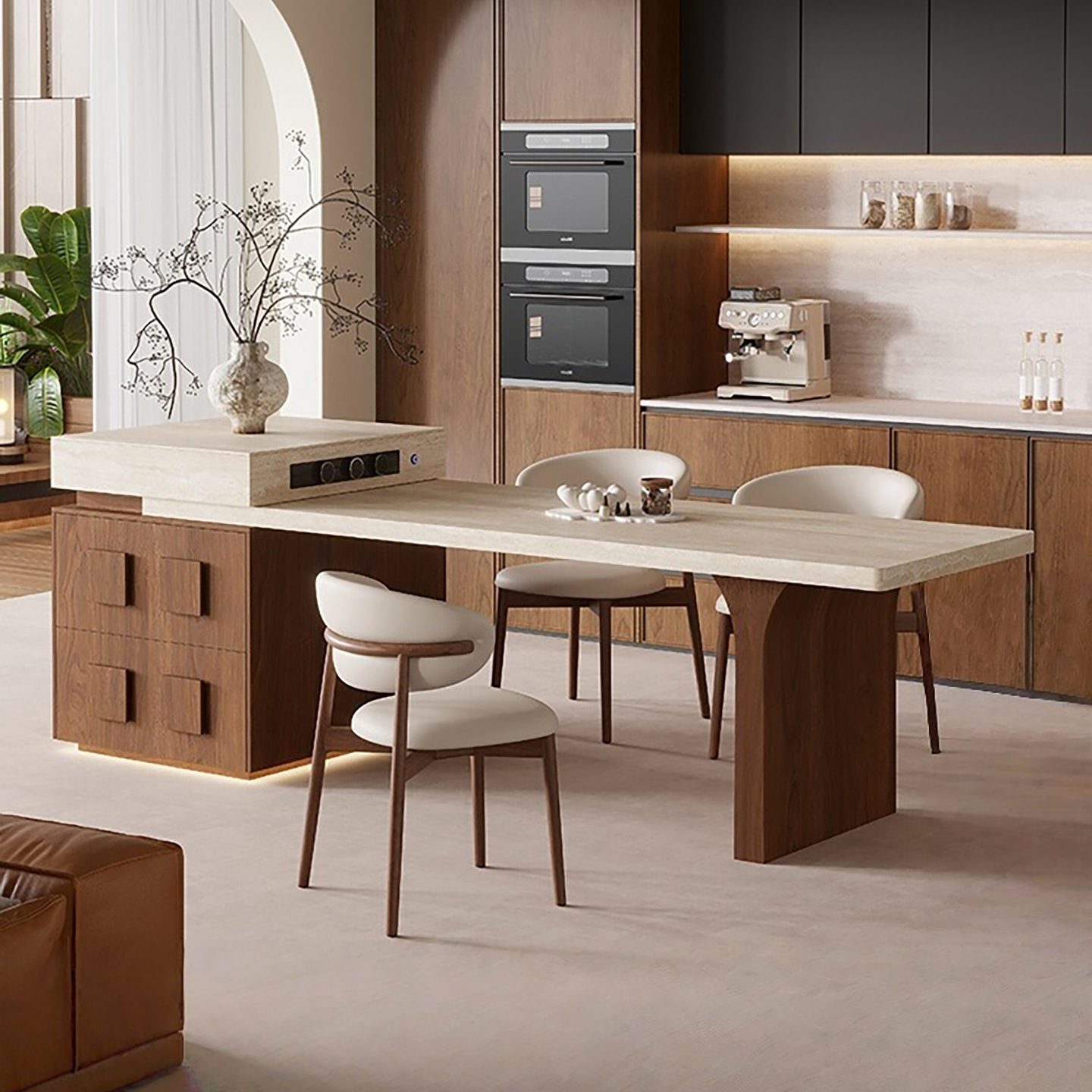 下挂岩板岛台餐桌一体可伸缩