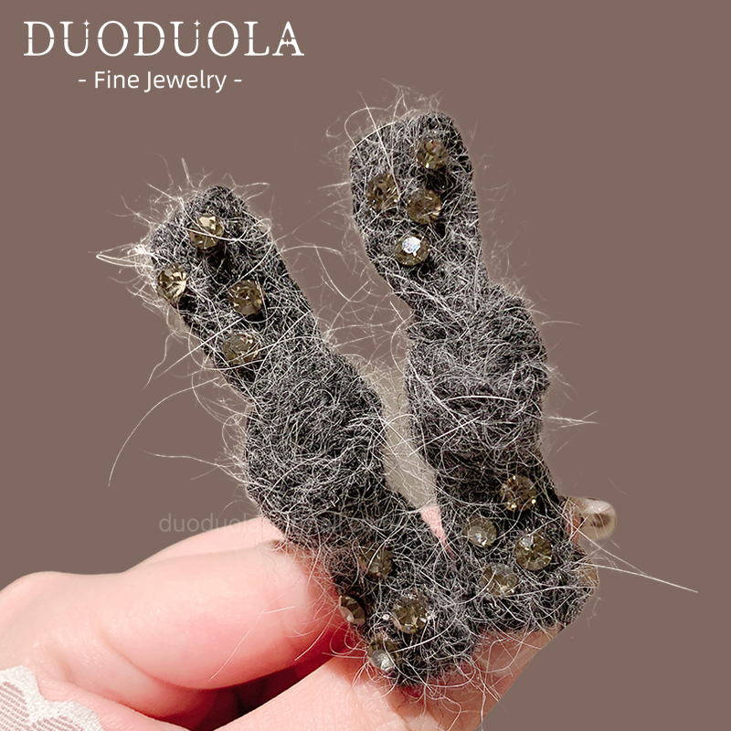 毛茸茸打结水钻发夹氛围感气质侧边刘海夹韩版小众时尚百搭鸭嘴夹