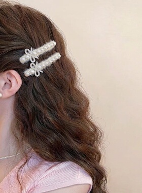 韩系冬季精致水钻珍珠发夹边夹侧边白色毛线鸭嘴夹女发卡时尚发饰