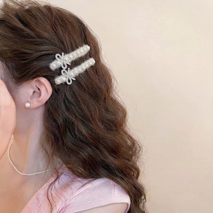韩系冬季精致水钻珍珠发夹边夹侧边白色毛线鸭嘴夹女发卡时尚发饰