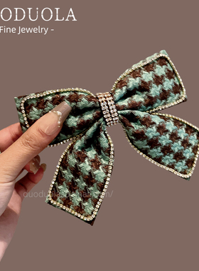 韩国新款绿色水晶格纹弹簧夹蝴蝶结复古发卡小香风简约半扎发发饰