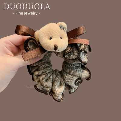 美拉德系毛绒小熊发圈毛线蝴蝶结大肠发圈女甜美可爱发绳发饰新款