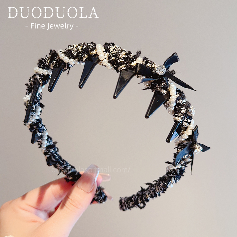 新款小香风缠绕珍珠带齿发箍简约蝴蝶结两用碎发头箍外出百搭发卡