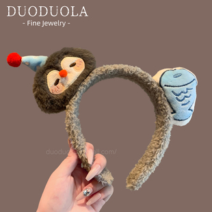 可爱甜美毛绒小企鹅小鱼发箍高颅顶百搭发卡头箍秋冬新款 发饰头饰