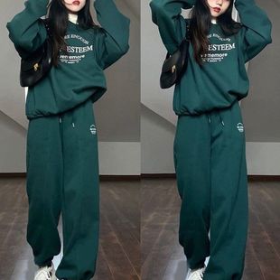 美式复古墨绿色休闲运动服秋季套装女春秋宽松圆领卫衣卫裤两件套