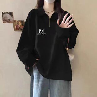 美式半拉链卫衣加绒加厚女秋冬款小个子宽松无帽polo领上衣设计感