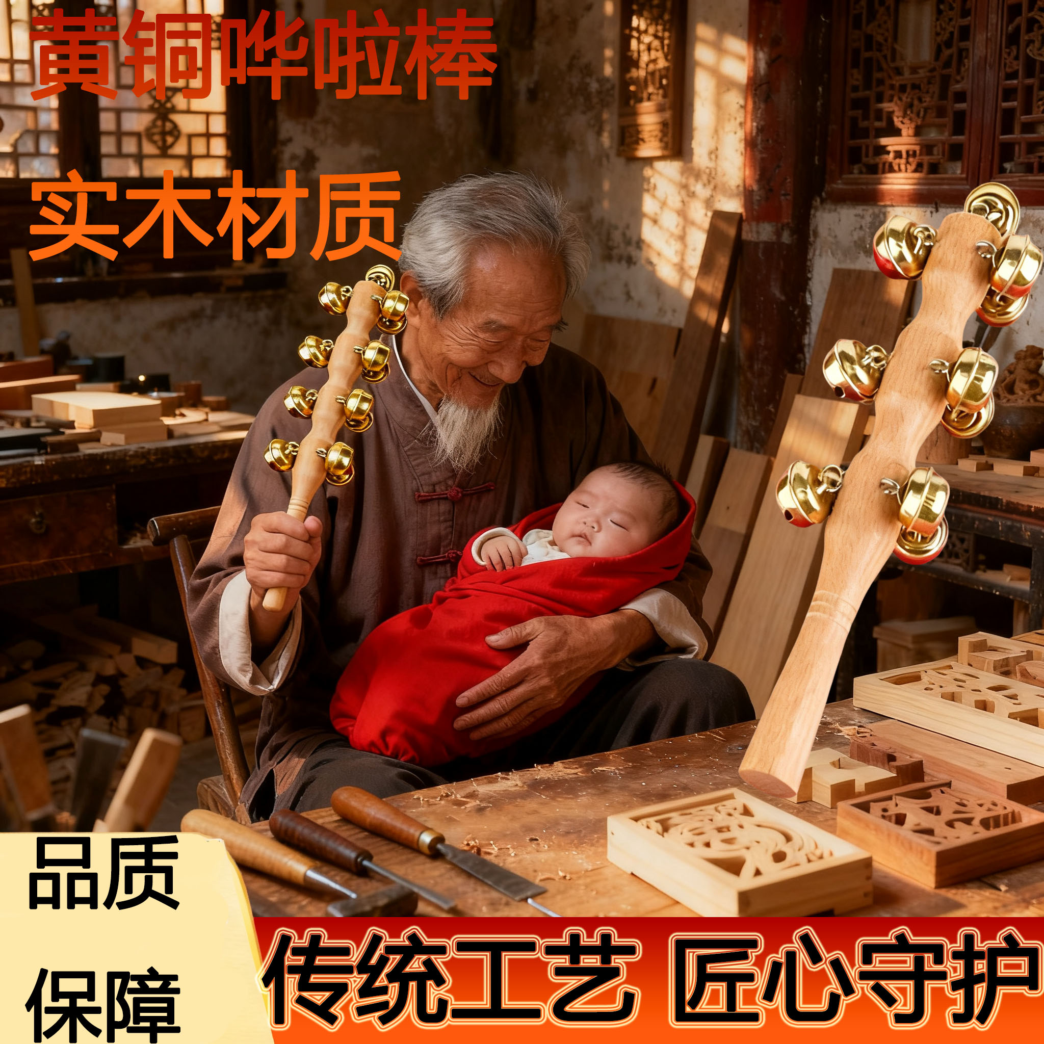 黄铜铃铛哗啦棒木棒非遗手工传统老式羊皮拨浪鼓新生婴儿可啃咬