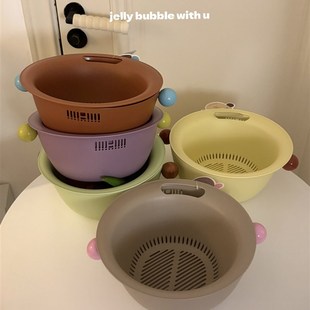 撞色沥水篮双层厨房洗菜蓝洗水果篮子盆家用塑料筛篮 可爱小球球