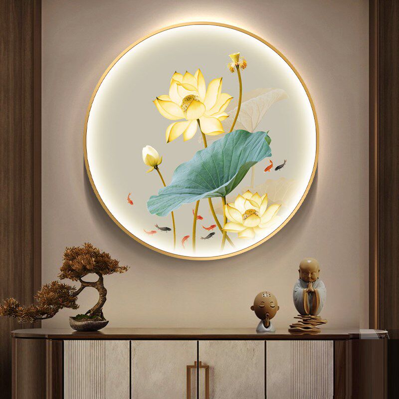 新中式金色荷花带灯装饰画茶室餐厅圆形壁画客厅玄关走廊莲花挂画