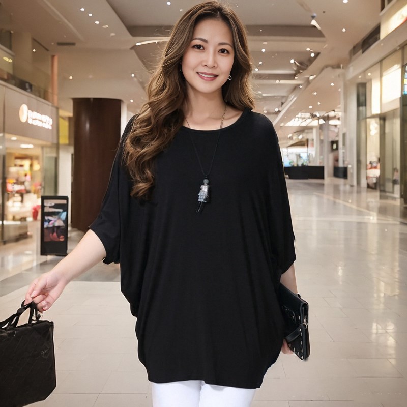 夏季加肥加大码女装 230斤超宽松胖mm蝙蝠袖上衣 中长款遮肚子t恤