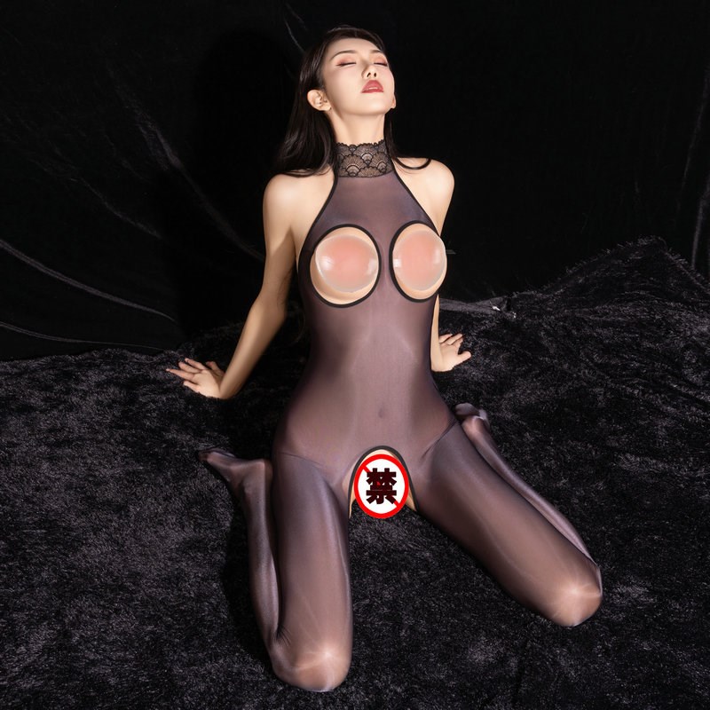 蕾丝高领紧身连体衣美腿连裤袜黑色油亮丝滑开档胸袜子女生连身袜