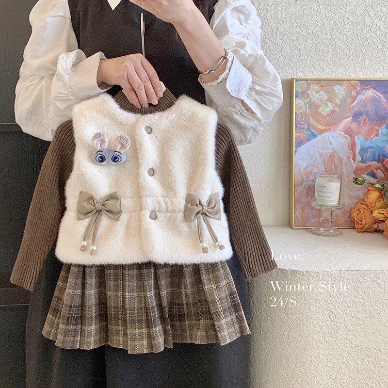 女童网红套装秋冬女宝宝洋气毛毛马甲针织毛线衣加绒半身裙三件套