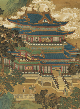 南宋赵伯驹仙山楼阁图高清微喷国画名画复制客厅玄关卷轴装饰挂画