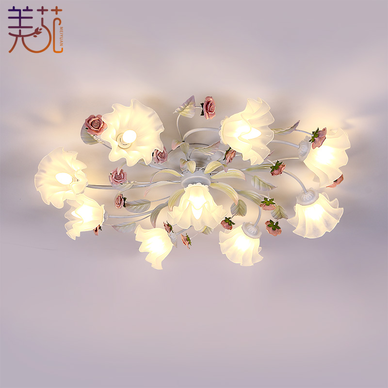 韩式田园吸顶灯铁艺花草客厅灯创意花朵女孩房间灯主卧室灯吸顶灯