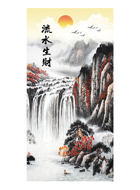 新中式玄关画进门墙画挂画门厅入户门竖版流水生财过道走廊风景墙