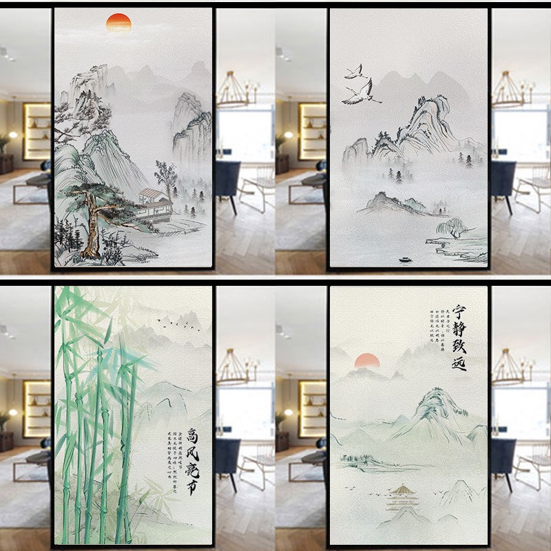 中国风山水风景玻璃贴纸办公室窗户隔断透光不透明防偷窥磨砂贴膜