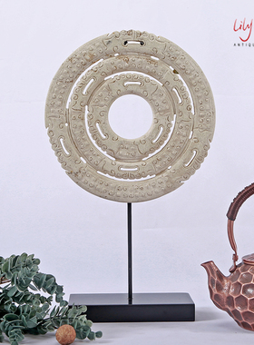 仿古做旧雕刻玉璧家居玄关摆件酒店新中式软装搭配摆设饰品复古