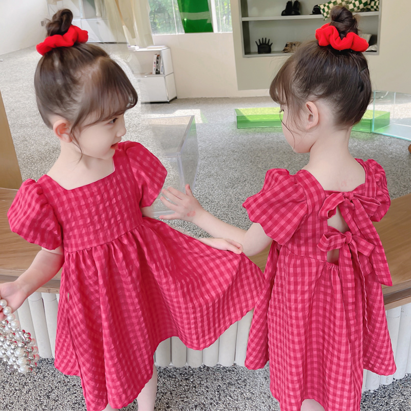 女童2023新款夏季连衣裙儿童洋气靓丽中小童短袖火龙果色公主裙潮