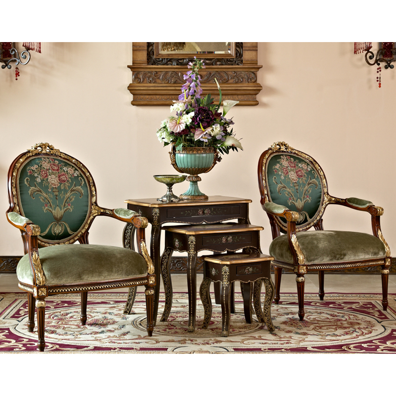 欧式复古古典实木榉木别墅墨绿色花朵典雅 棕色贴金箔单位沙发椅