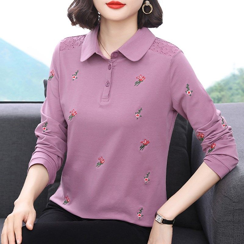 纯棉长袖t恤女2024春装新款气质大码polo衫中老年妈妈上衣打底衫,女装/女士精品,T恤,淘宝优惠券,粉丝福利购,淘宝优惠卷
