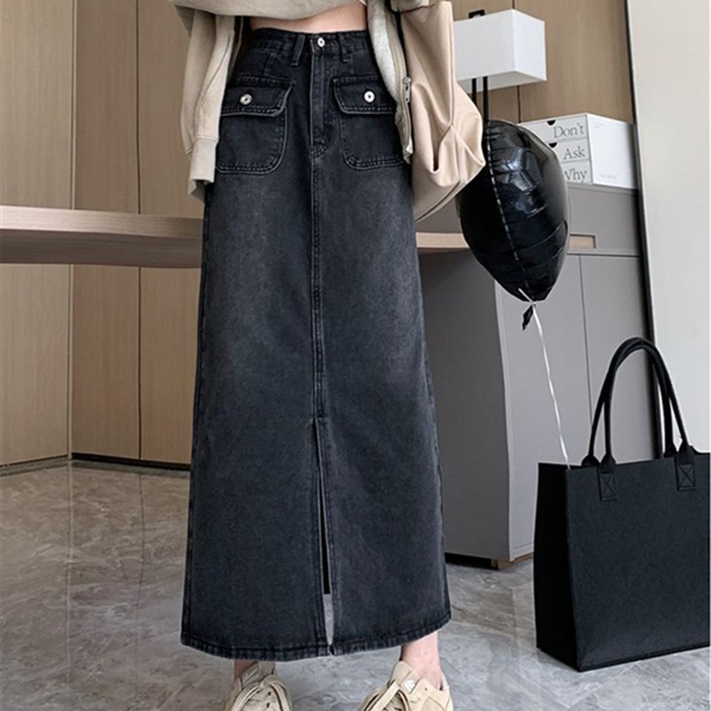 复古开叉牛仔半身裙女新款高腰胖mm大码显瘦A字包臀长裙黑色裙子
