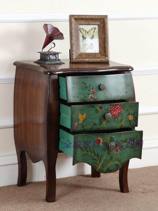 美式田园旧彩绘棕绿色斗柜装饰柜沙发边柜床头柜玄关门厅柜