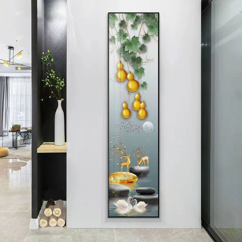 新中式窄长条玄关装饰画五福x临门过道走廊客厅细柱画茶社竖版挂