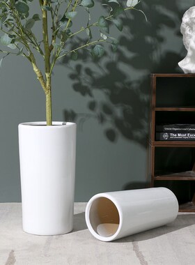 高筒直筒花器日式简约p白色陶瓷花盆特大号高深家用客厅花瓶摆件