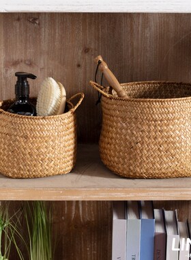 林与/日式编织杂物筐化妆品整理盒手工草编桌面插花篮Z创意花盆套