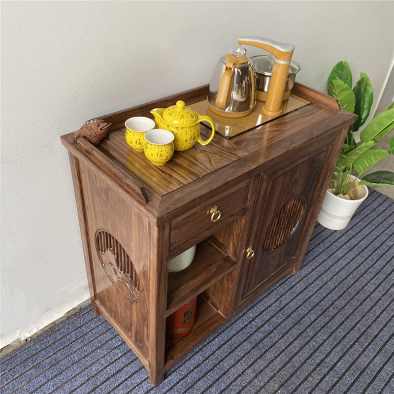 可移动榆木茶桌实木茶水柜家用一体D式小茶桌明月茶几边柜烧水茶