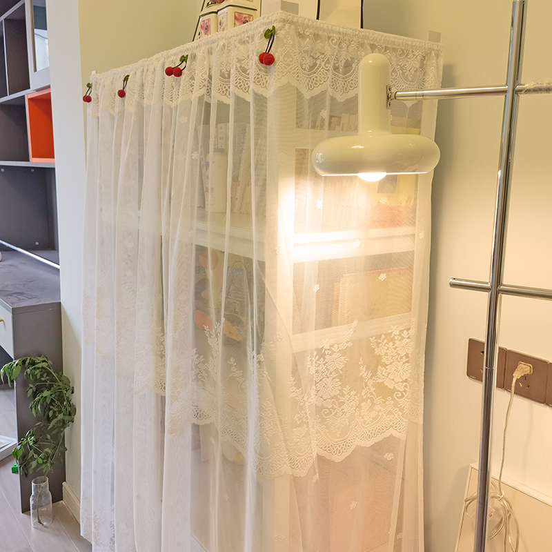 简易少女法式蕾丝遮挡帘t置物架铁架免打孔防尘帘门帘魔术贴自粘