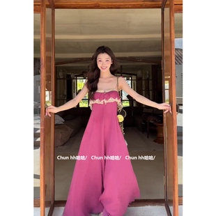 法式 长裙大摆裙 粉色吊带连衣裙女夏海边纯欲南法旅游海边度假无袖