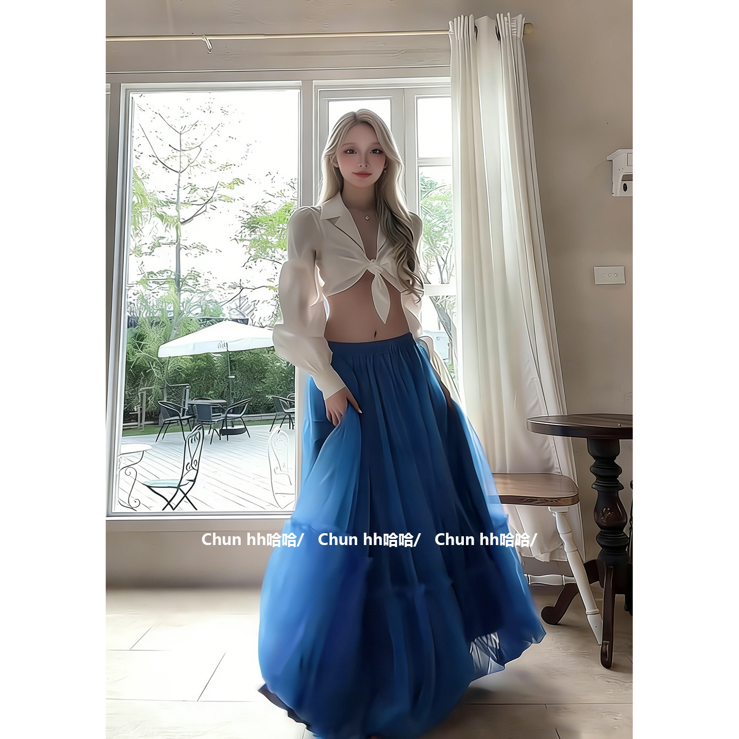 法式多巴胺蓝色网纱蓬蓬a字半身裙女夏季宽松显瘦高级感长款纱裙