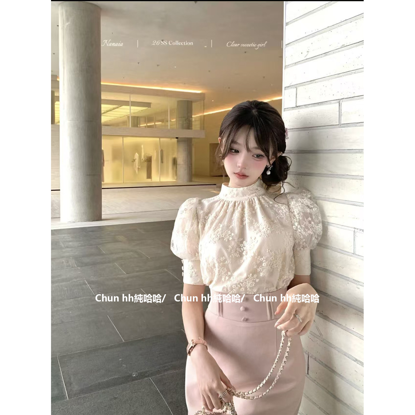 法式白色刺绣立领泡泡袖衬衫女早春漂亮独特富家千金气质小资上衣