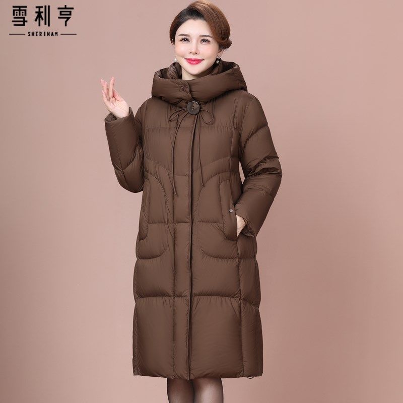 好货品牌妈妈白鸭绒外套咖啡色休闲连帽中年女装冬装加厚羽绒服中