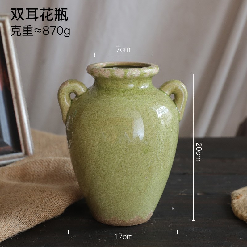 法式乡村做旧裂i纹釉把式陶瓷花瓶白色把式花瓶 暗绿色复古花器