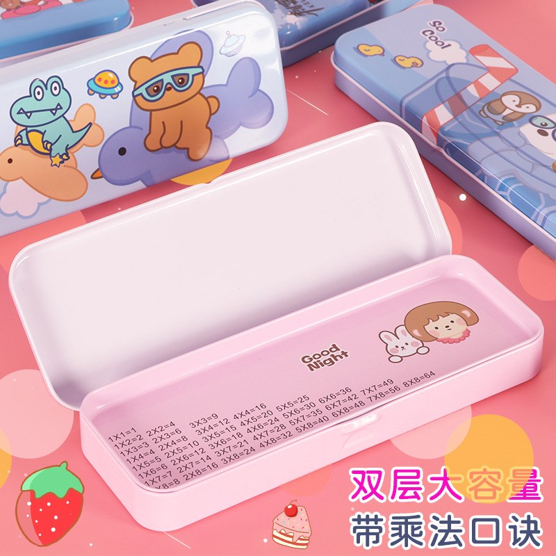 速发小学生铁皮文具盒双笔文具盒可爱法生生铅层盒带乘男口诀表