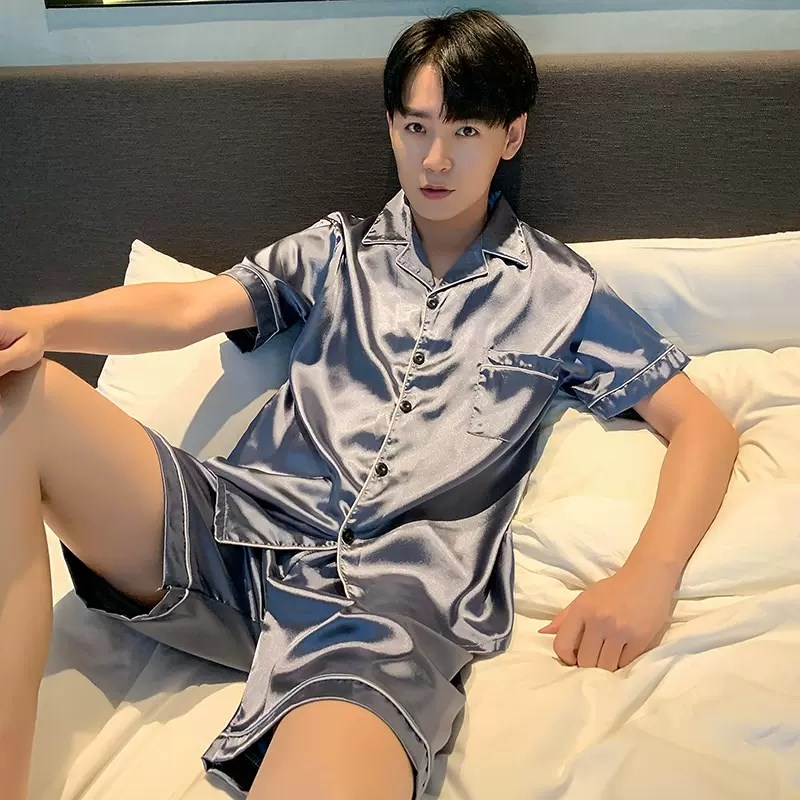 速发睡衣男夏季短裤薄款韩版男士丝绸家居服俩件套装大码