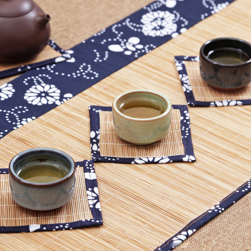 速发禅 艺花布茶席意青花瓷麻布茶垫茶盘垫桌旗 包布竹席隔热布蓝