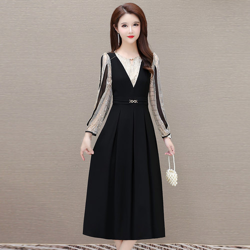 速发假两件长袖连2裙衣025新高轻奢款级感妈妈高端春秋裙子