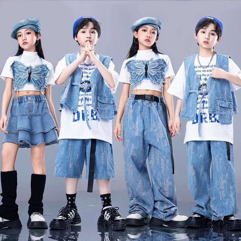 速发少潮街舞儿服男孩嘻哈牛仔马甲爵装少儿hiphop炸街孩套士舞服