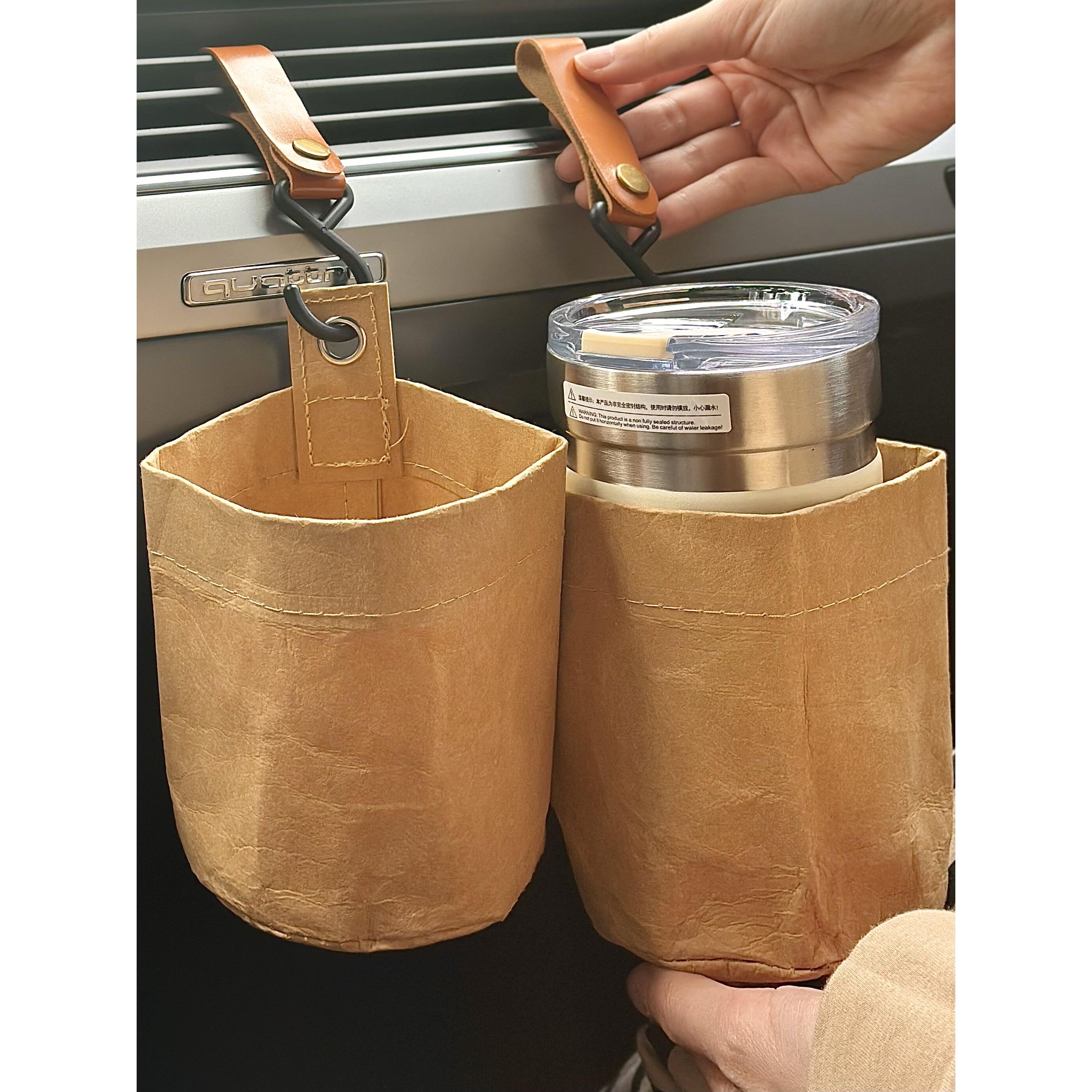 ins风创意多功能出风口杯架车载牛皮纸挂袋置物架户外挂扣收纳袋
