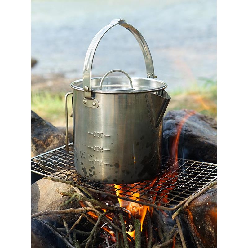 户外不锈钢烧水壶1.2L登山野营茶壶便携吊锅炊具咖啡壶野餐锅