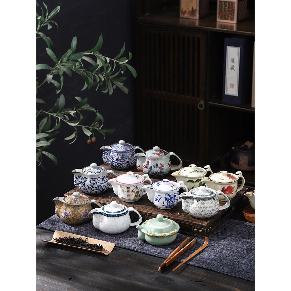功夫茶小茶壶一人用单壶复古家用饭店专用餐厅青花瓷陶瓷泡茶侧壶