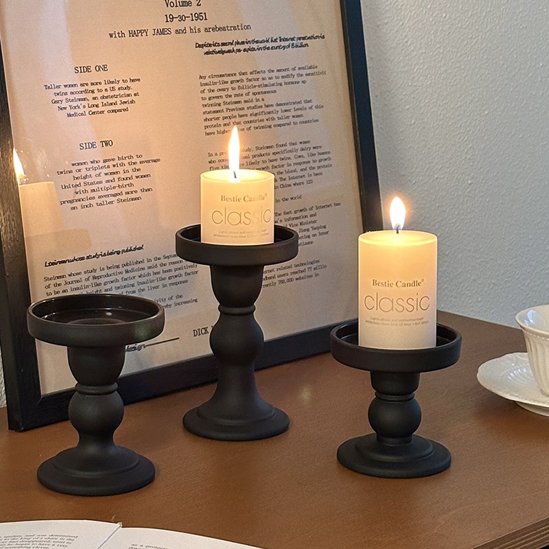速发复古黑色柱烛台玻璃摆件香薰台座法式装用餐桌氛围感家饰